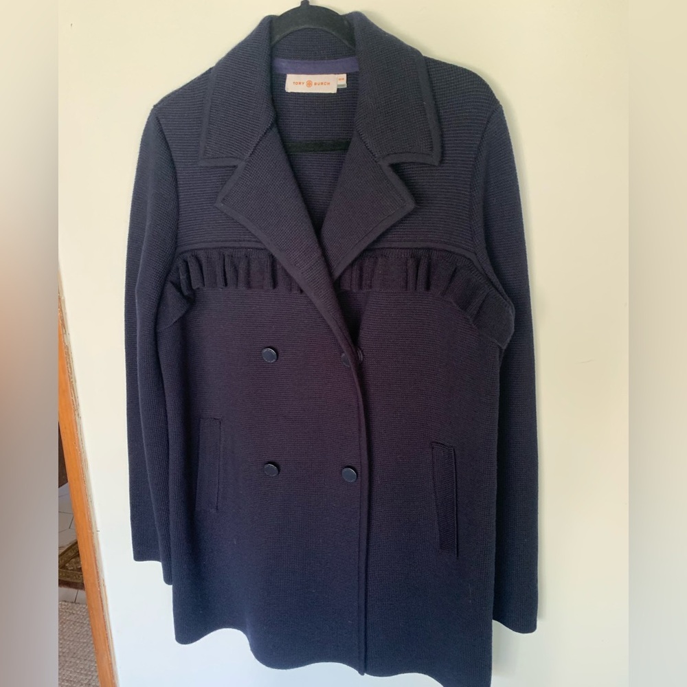 Tory Burch Navy Double-Breasted Knit Coat